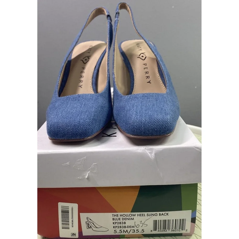Katy Perry Women Denim Blue Dress Shoes Sling Back Silver Hollow Heel 5.5 M